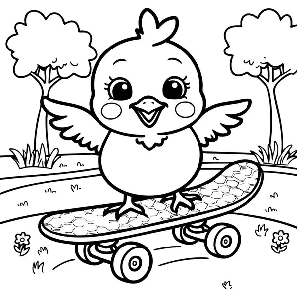 Neşeli bir civciv parkta kaykaya biniyor. Eğlenmek için mükemmel bir zaman.