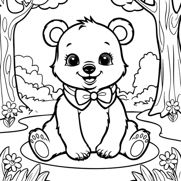 Bu renkli sayfa, ağaçlar ve çiçeklerle çevrili bir ormanda mutlu bir şekilde oturan papyon takan yavru ayıyı tasvir ediyor.