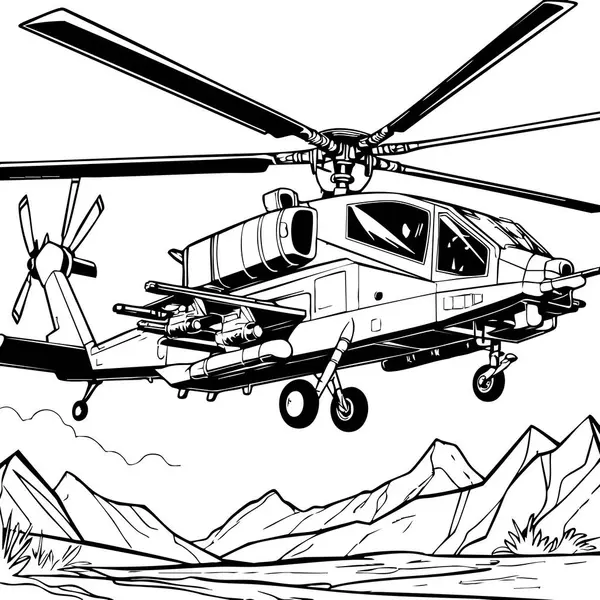 Bu boyama sayfasında, görünürdeki silahlarla donatılmış engebeli dağların üzerinde uçan bir askeri saldırı helikopteri var.
