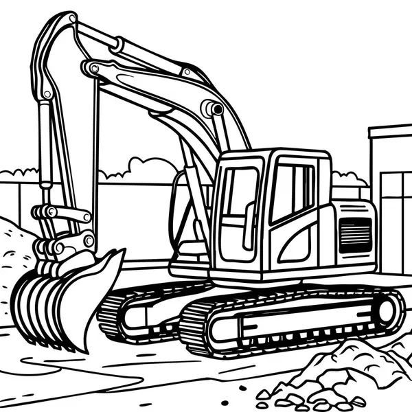 Bir inşaat sahasındaki kazıcının gerçekçi ama çocuk dostu bir çizimi genç araç meraklılarının renklendirmesi için mükemmel.