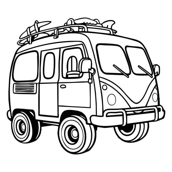 Bu eğlenceli ve enerjik boyama sayfasında sörf tahtası ve plaj macerasına hazır bir karton karavan sergileniyor.