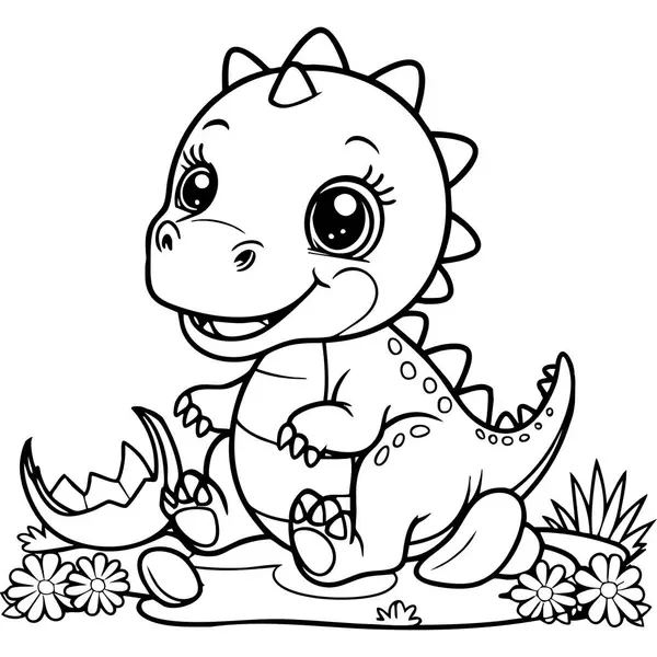 Çatlamış bir yumurtanın yanında yerde oturan ve çiçeklerle çevrili şirin bebek dinozor.