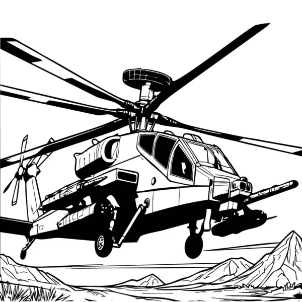 Dağlık arazi üzerinde uçan savaş helikopteri güçlü ve eylem illüstrasyonla dolu.