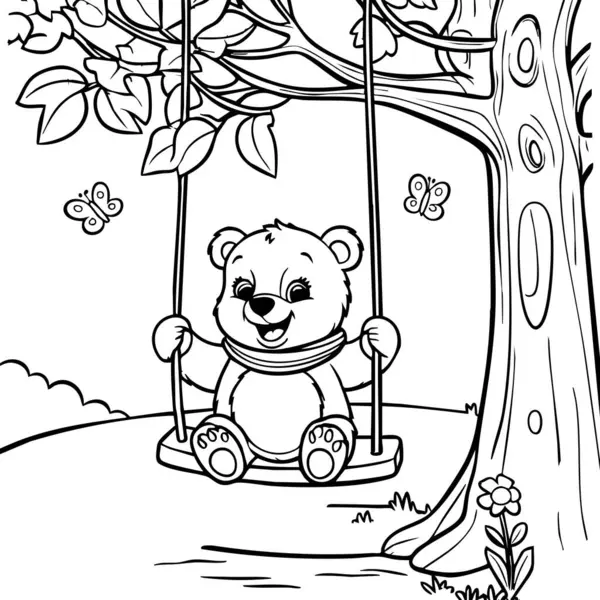 Ağacın altında sallanan gülümseyen bir ayı ve yakında uçan kelebekler.