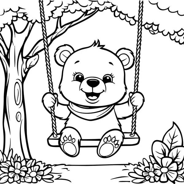 Ağacın altında sallanan mutlu bir ayı Çiçekler ve doğa elementleriyle