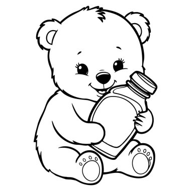 Elinde şişe tutan sevimli bir ayı, çocukları boyamak için mükemmel.