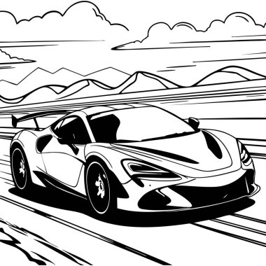 Arkasında dağlar olan manzaralı bir otoyolda zum yapan şık bir spor arabanın renkli sayfası.