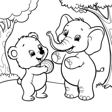 Gülümseyen bir ayı ve fil bir orman sahnesinde mutlu bir şekilde top oynuyorlar.