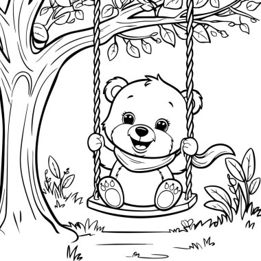 Çimlerle ve yapraklarla çevrili bir salıncakta oturan neşeli bir bebek ayı.