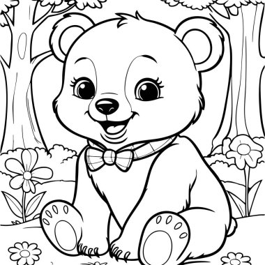 Şirin bir bebek ayı ormanda mutlu bir şekilde oturuyor etrafta papyon ve çiçeklerle