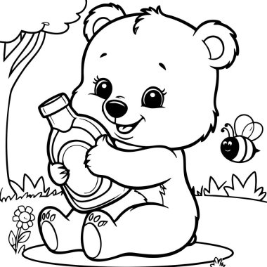 Bu sevimli boyama sayfasında gülümseyen bir ayı var. Yakınlarda şakacı bir sahnede bal şişesine sarılıyor.