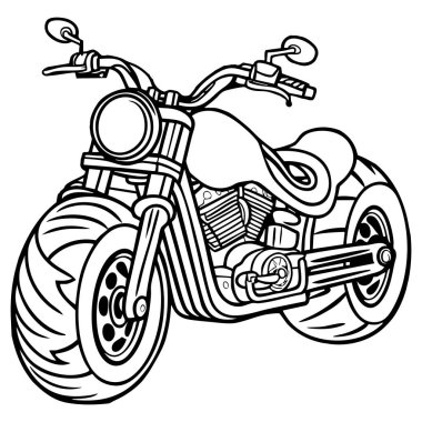 Kalın lastikleri ve parlak bir tasarımı olan klasik bir helikopter motorsikletinin cesur ve detaylı renkli sayfası.