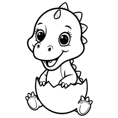Çatlamış yumurtanın içinde gülümseyen sevimli bebek dino, çocukların boyaması için mükemmel.