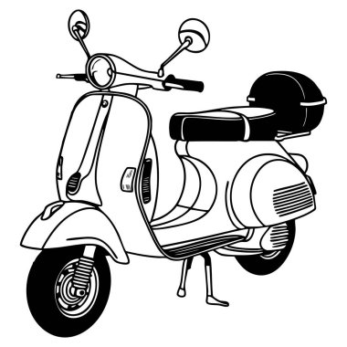 Arka kargo kutusu olan, eğlenceli renklendirme için basit ve temiz bir tasarımı olan çekici, klasik bir scooter.