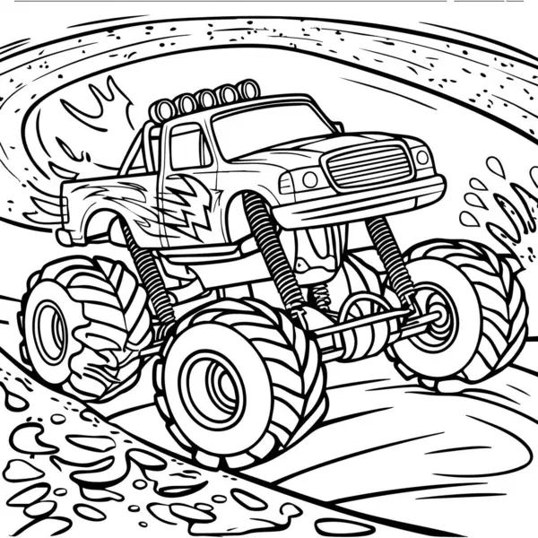 Büyük lastikler ve şok emicilerle çamurlu arazide dev bir kamyon zıplıyor.