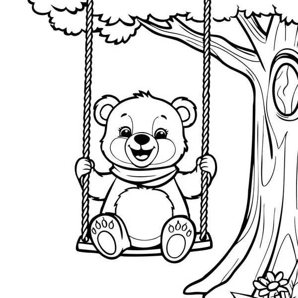 Neşeli bir ayı salıncakta oturur büyük bir gülümsemeyle bir ağaçtan sarkan