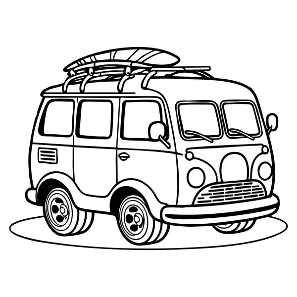 Tepesinde sörf tahtası olan eski bir minibüs yaz gezilerine hazır.