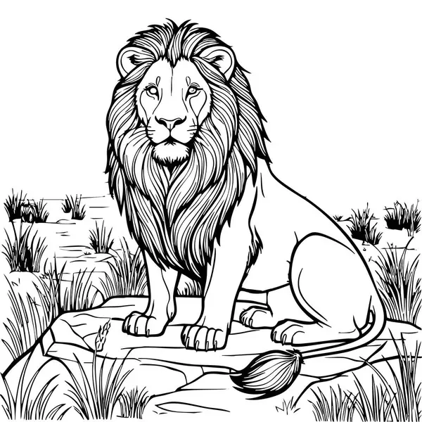 Savanada bir kayanın üzerinde yeleli bir kraliyet aslanı oturuyor.