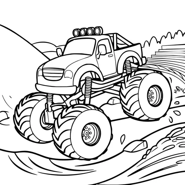 Bu heyecan verici boyama sayfasında engebeli bir canavar kamyonun geniş lastikleri ve şok emicileriyle engebeli araziyle mücadele etmesi yer alıyor.