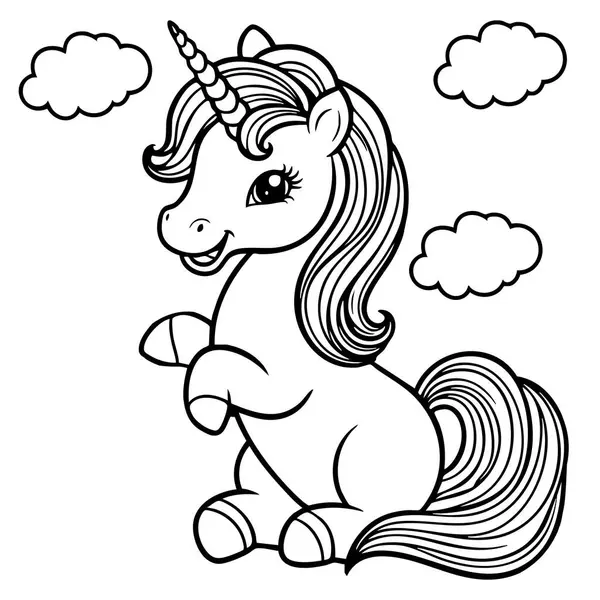 Tüylü bulutların altında gülümseyen tek boynuzlu at çocuklar için harika büyülü maceralar