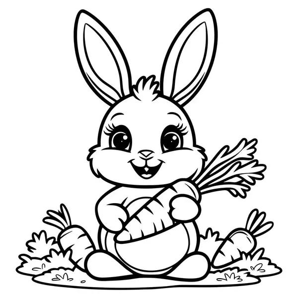 Bahçede havuçlu şirin tavşan. Çocuklar için harika boyama eğlencesi.