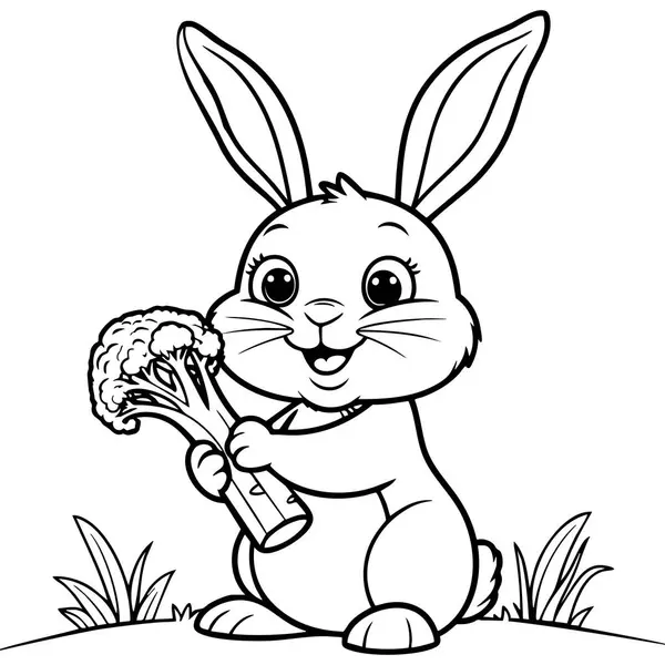 Gülümseyen çizgi film tavşanı sağlıklı beslenme temaları için brokoli tutuyor.