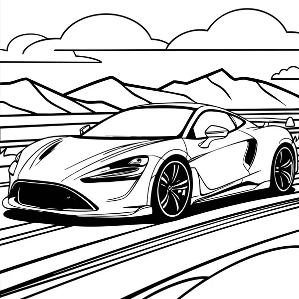 Bu boyama sayfasında parlak ve fütüristik bir spor araba var. Arka planda muhteşem dağlar ve bulutlar var. Araba severler ve renkli meraklıları için mükemmel.