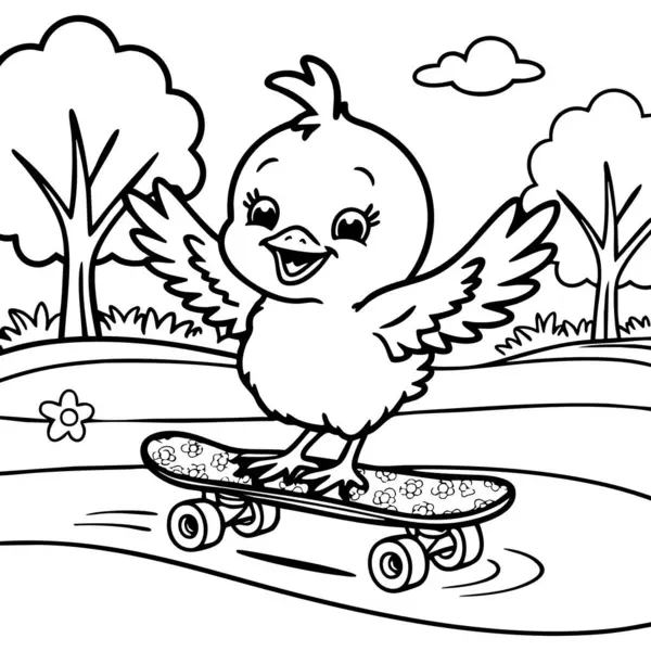 Bu eğlenceli ve eğlenceli renkli sayfada ağaçlar ve çiçeklerle çevrili bir parkta kaykay süren neşeli bir yavru var. Aksiyonu ve şirin hayvanları seven çocuklar için harika.