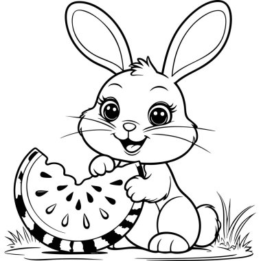 Gülen tavşan elinde karpuz dilimi ile yaz renklendirmesi için ideal.