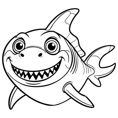 Büyük dişleri ve mutlu bir ifadesi olan neşeli bir karikatür köpekbalığı.