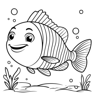 Su altında yüzen sevimli bir karikatür balığı. Etrafı kabarcıklarla ve deniz bitkileriyle çevrili.