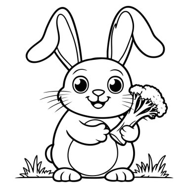 Çizgi film tarzında çimlerin üzerinde dururken elinde brokoli tutan neşeli bir tavşan.