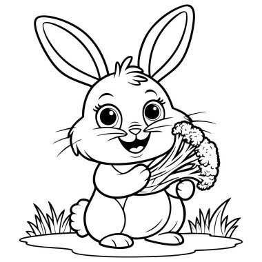 Çizgi film tavşanı elinde bir demet brokoli tutuyor ve boyama kitapları ya da vejetaryen temalı sayfalar için mükemmel.