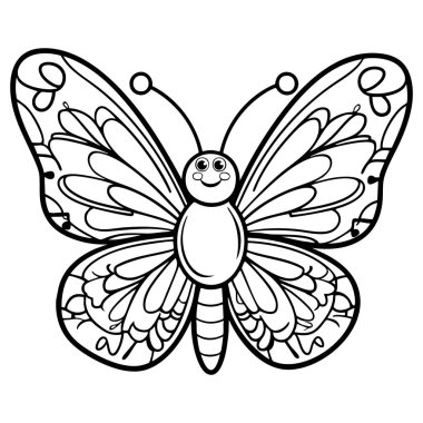 Çocuklar için dekoratif kanatları olan sayfaları boyamak ve yaratıcı sanat seansları için tasarlanmış sevimli bir kelebek.