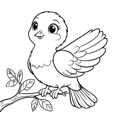 Çocuk boyama faaliyetleri için harika bir dala tünemiş bir kanadı kaldıran sevimli çizgi film kuşu.