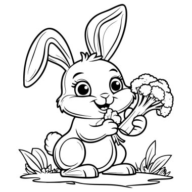 Küçük çimenli bir tarlada gülümseyen brokoli tutan sevimli tavşan.