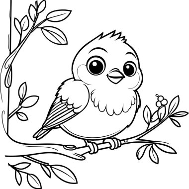 Ağaç dalına tünemiş sevimli yavru kuş. Geniş gözleri ve yapraklı arka planı var.