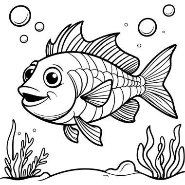 Deniz yosunu ve baloncuklarla suyun altında yüzen büyük gözlü bir balık.