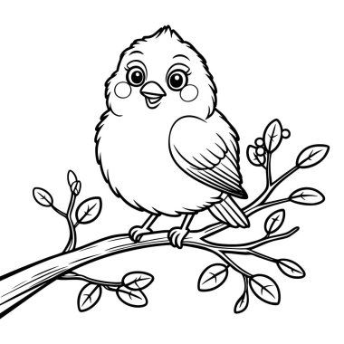 Tombul bir kuş, yapraklı bir dala tünemiş. Çocuk boyama eğlencesi için tatlı bir çizgi film stili çizilmiş.