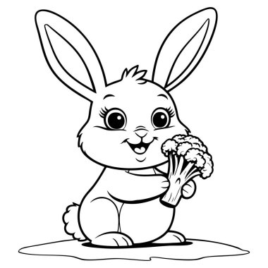 Elinde taze brokoli tutarken gülümseyen sevimli bebek tavşan.