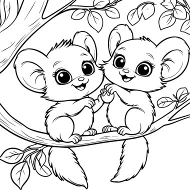 Mutlu yüzlü ağaç dalında el ele tutuşan sevimli çizgi film koalaları.