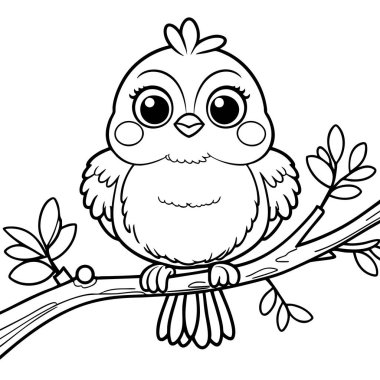 Yuvarlak gözlü bir kuş yapraklı bir dala oturmuş genç sanatçılar için mükemmel.