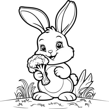 Şirin tavşan mutlu bir şekilde otlakta brokoli tutuyor.