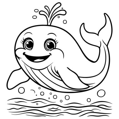 Mutlu çizgi film balinaları denizde yüzüyor ve su sıçrıyor.