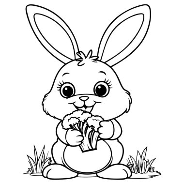 Havuç tutan sevimli tavşancık büyük gözlü ve gülümseyen yüz çocuklar için mükemmel boyama aktiviteleri ve Paskalya eğlencesi