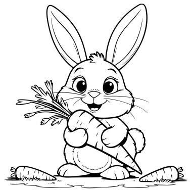 Sevimli tavşancık kocaman bir havuç tutuyor. Kocaman bir gülümsemesi var. Çocuklar için eğlence ve yaratıcı boya zamanı için ideal.