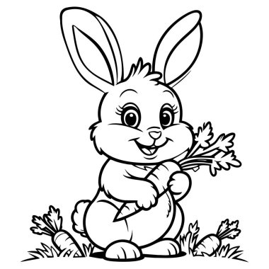 Havuç dolu bir bahçede yaratıcı eğlence için havuç tutan neşeli bir tavşan.