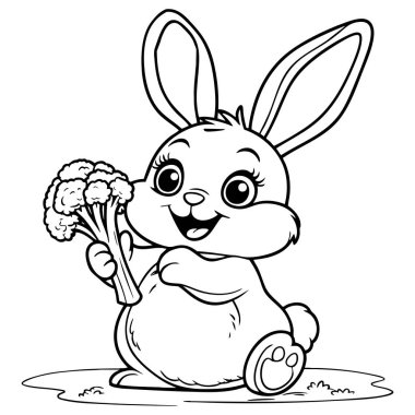 Brokoli tutan sevimli çizgi film tavşanı çocuklar için sağlıklı beslenme ve eğlenceli boyama aktiviteleri öğretiyor.