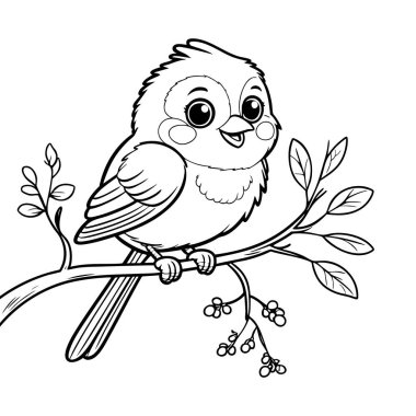 Yapraklı bir dalda dinlenen sevimli küçük kuş boyamaya hazır.