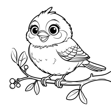 Koca gözlü tombul bir çizgi film kuşu dalda mutlu mesut oturuyor.